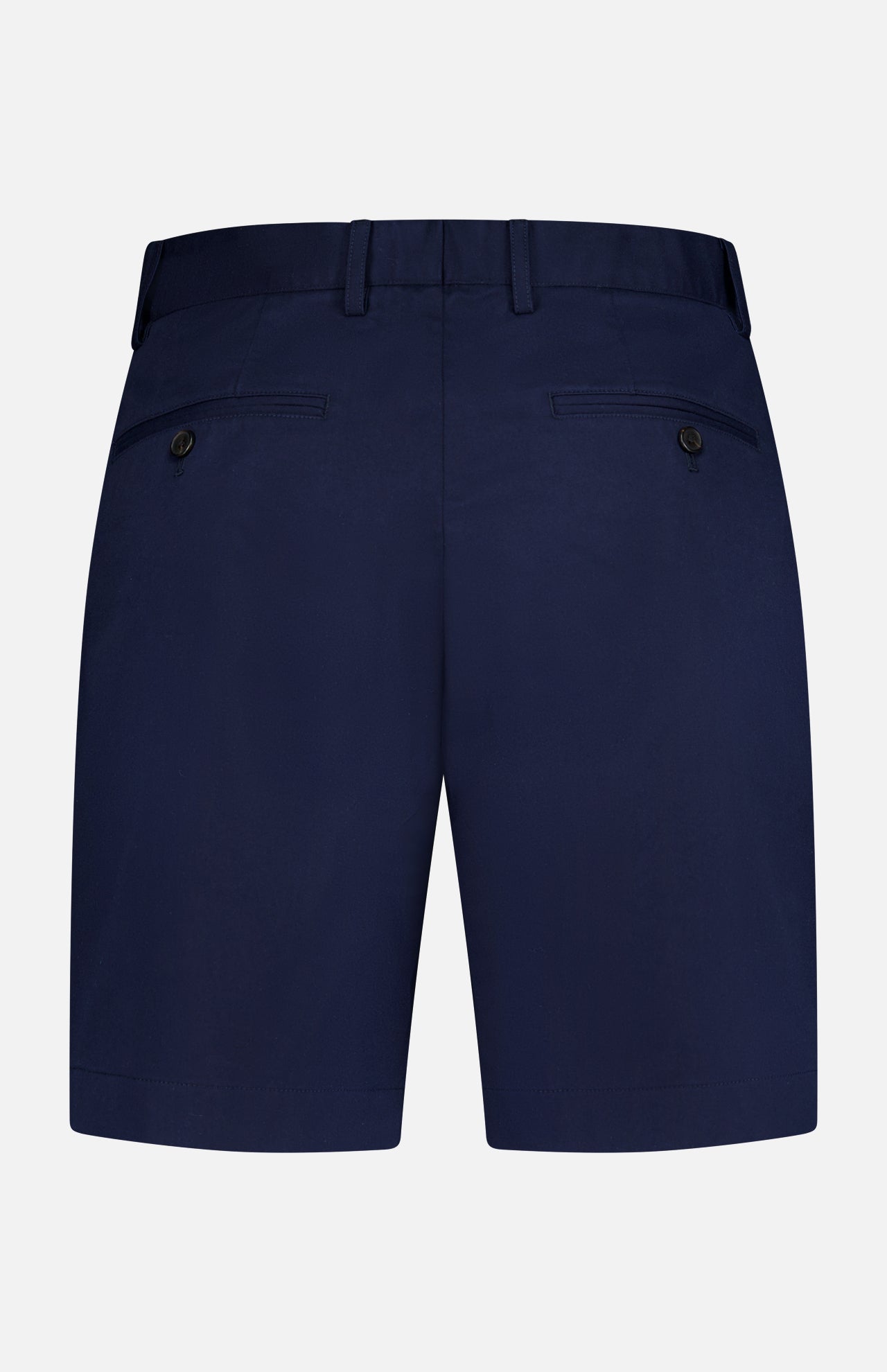Back view of RAG & BONE Standard Moons Shorts for men in navy cotton, featuring belt loops, two buttoned back pockets, and a tailored design against a white background.