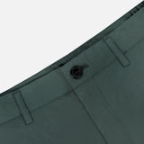 Close-up of the waistband and upper section of THEORY's Standard Nylon Drawstring Trouser Pants in dark green, showing a black button, belt loops, elasticized waist, and front seam against a light gray background.