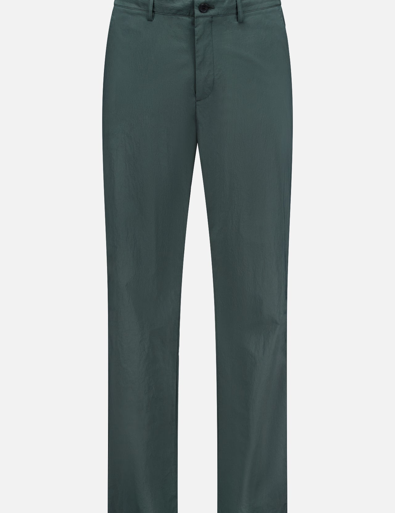 THEORY Standard Nylon Drawstring Trouser Pants in dark green, with a relaxed, straight-leg fit, drawstring waist, belt loops, side pockets, and zip closure. Shown against a plain white background.