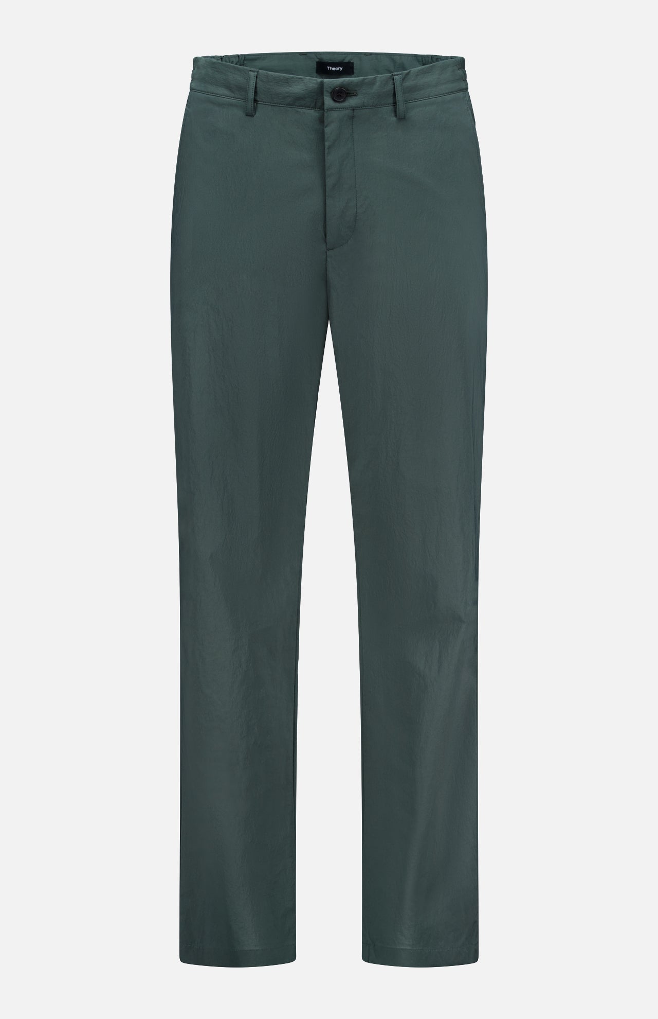 THEORY Standard Nylon Drawstring Trouser Pants in dark green, with a relaxed, straight-leg fit, drawstring waist, belt loops, side pockets, and zip closure. Shown against a plain white background.