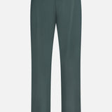 Back view of THEORY Standard Nylon Drawstring Trouser Pants in dark green, featuring belt loops, two buttoned back pockets, and a relaxed straight-leg fit, shown on a plain white background.
