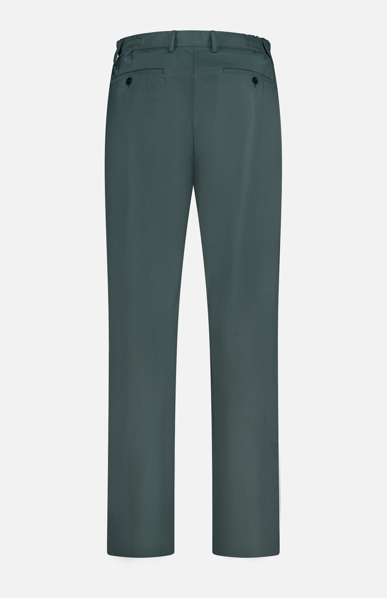 Back view of THEORY Standard Nylon Drawstring Trouser Pants in dark green, featuring belt loops, two buttoned back pockets, and a relaxed straight-leg fit, shown on a plain white background.