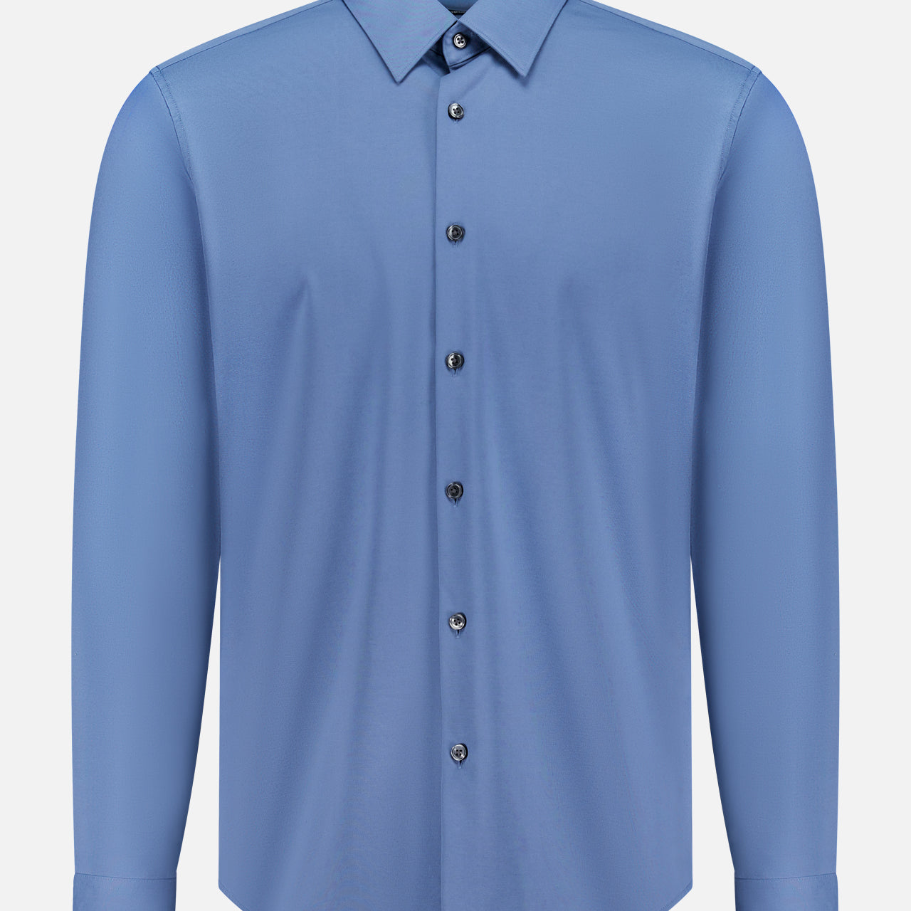 The THEORY Sylvain Long Sleeve Structure Dress Shirt features a plain blue slim fit with a collar and black buttons, made from wrinkle-resistant fabric, shown on a white background.