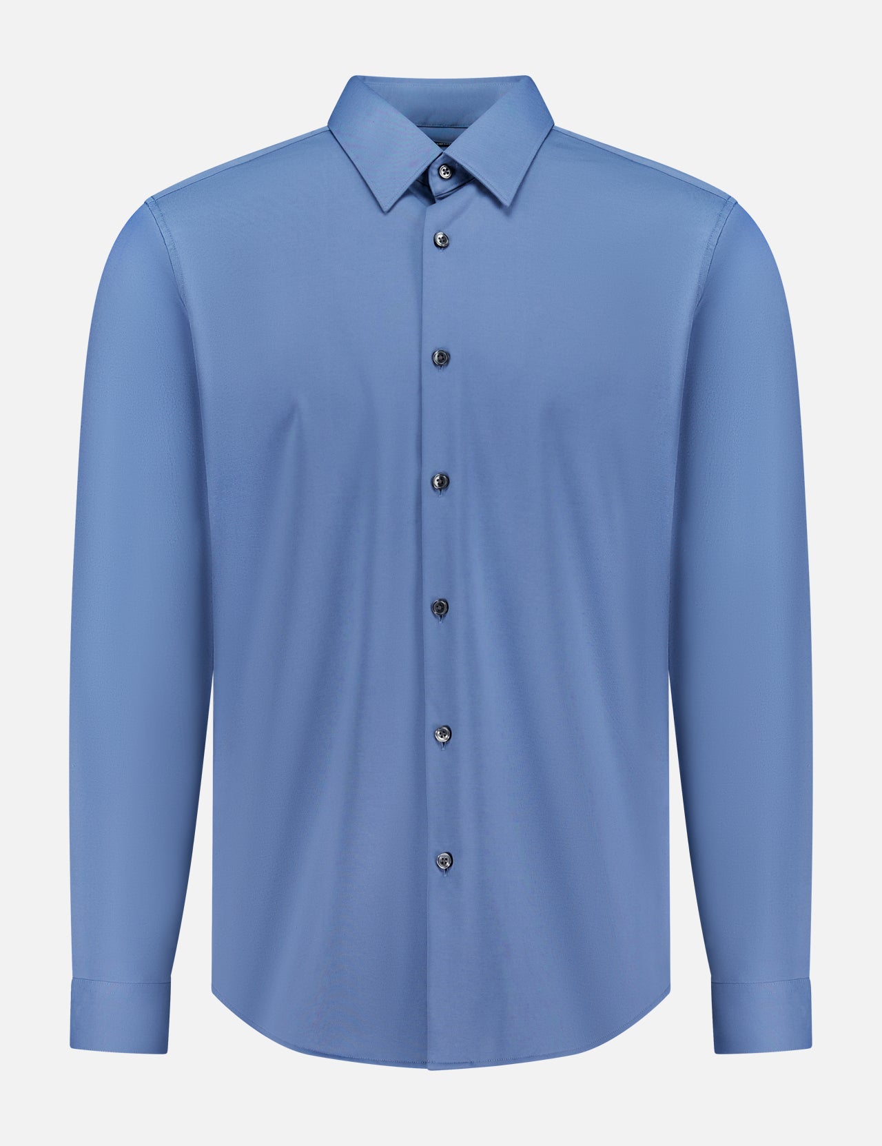 The THEORY Sylvain Long Sleeve Structure Dress Shirt features a plain blue slim fit with a collar and black buttons, made from wrinkle-resistant fabric, shown on a white background.