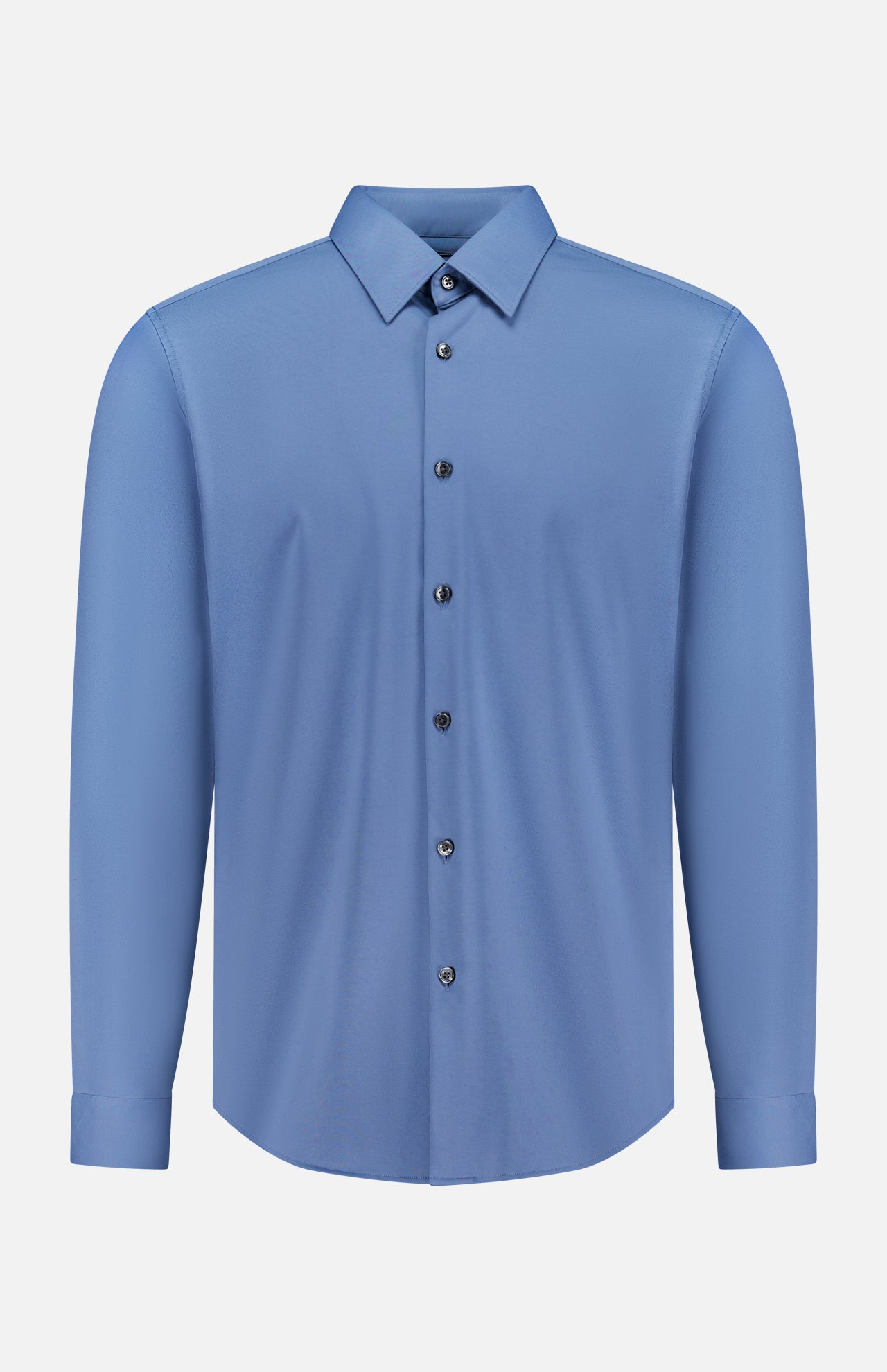 The THEORY Sylvain Long Sleeve Structure Dress Shirt features a plain blue slim fit with a collar and black buttons, made from wrinkle-resistant fabric, shown on a white background.