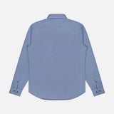 The THEORY Sylvain Structure Dress Shirt in light blue is displayed from the back, featuring cuffed long sleeves and a classic collar, laid flat on a white background. This slim fit shirt provides a modern silhouette, while its wrinkle-resistant fabric keeps you looking sharp all day.