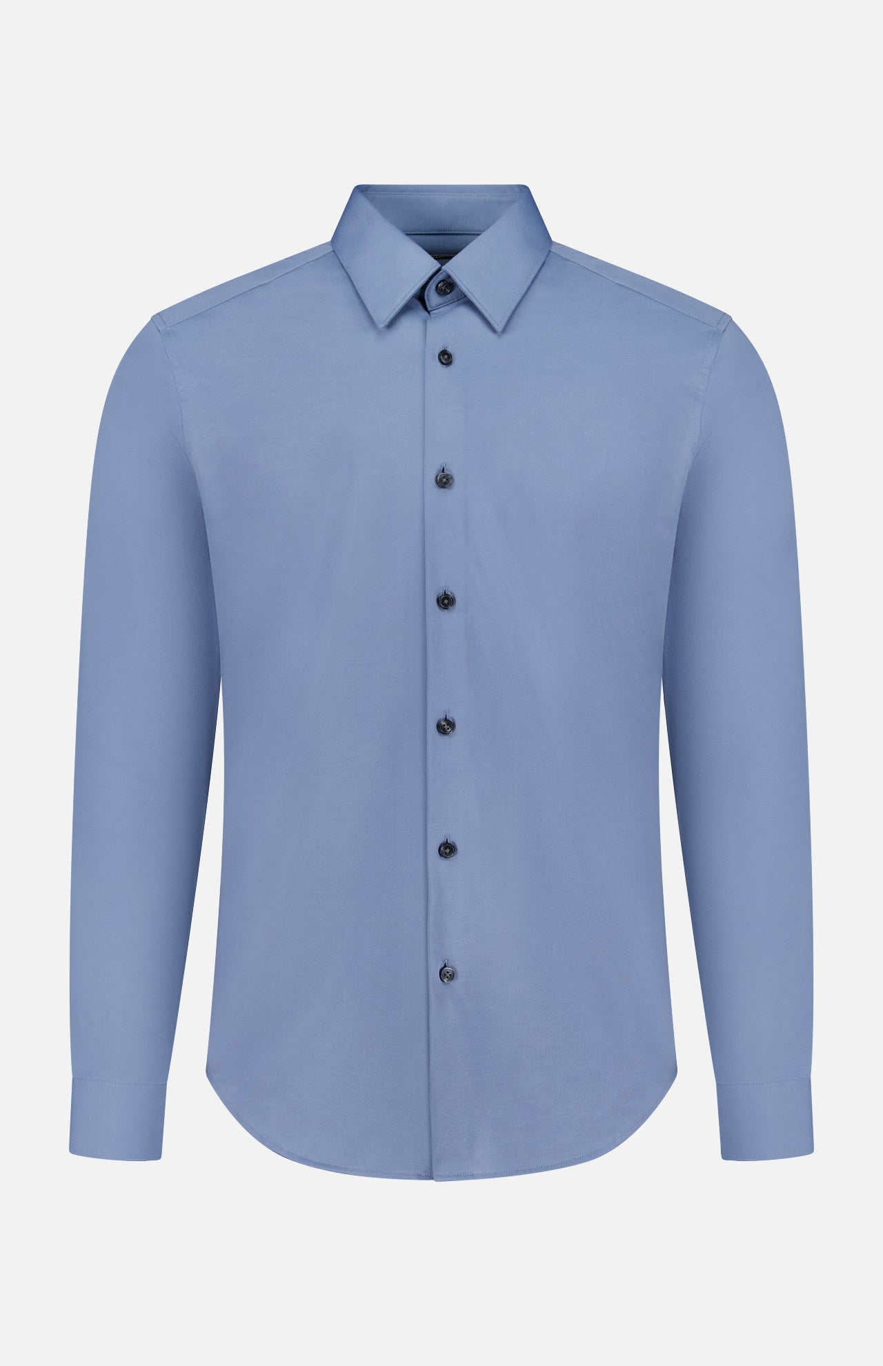 The THEORY Sylvain Structure Dress Shirt, shown in light blue against a plain white background, features a slim fit, long sleeves, and a classic collar. This wrinkle-resistant button-up blends style and practicality for a polished appearance throughout the day.