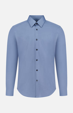 The THEORY Sylvain Structure Dress Shirt, shown in light blue against a plain white background, features a slim fit, long sleeves, and a classic collar. This wrinkle-resistant button-up blends style and practicality for a polished appearance throughout the day.