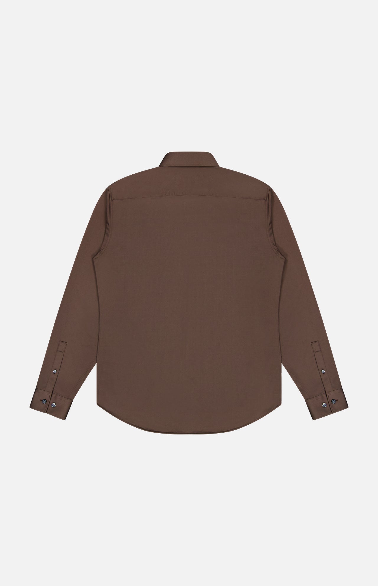 The Sylvain Structure Dress Shirt by THEORY is a chocolate brown, slim-fit style with long sleeves and a classic collar, shown from the back. It features cuff buttons and a curved hem, and its wrinkle-resistant fabric is displayed against a plain white background.