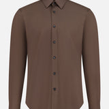 The THEORY Sylvain Structure Dress Shirt features a chocolate brown hue with a classic collar and slim fit, presented against a plain white background. This wrinkle-resistant, long-sleeve button-up is neatly fastened and displayed from the front.