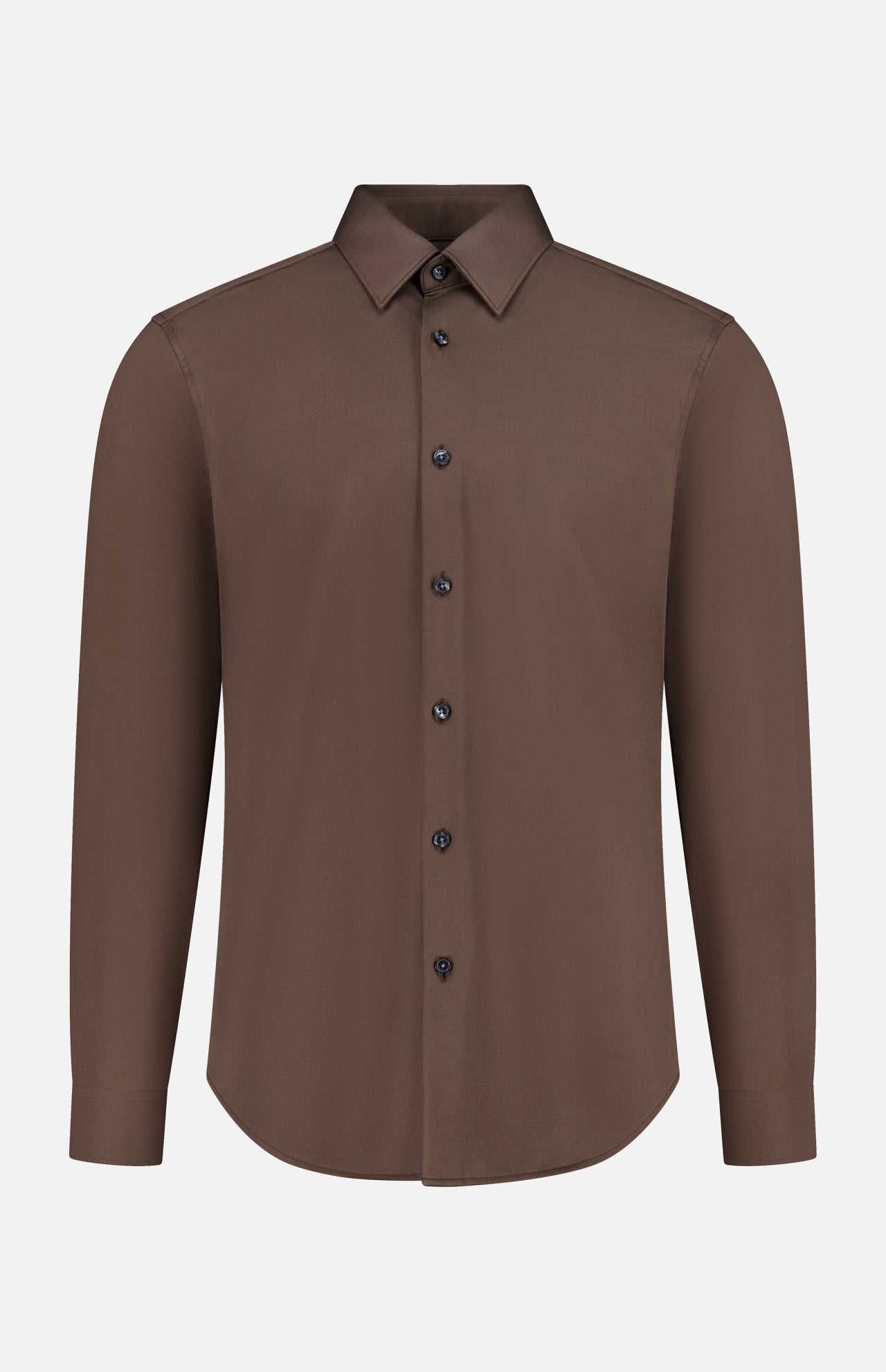 The THEORY Sylvain Structure Dress Shirt features a chocolate brown hue with a classic collar and slim fit, presented against a plain white background. This wrinkle-resistant, long-sleeve button-up is neatly fastened and displayed from the front.