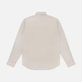 The Sylvain Structure Dress Shirt by THEORY is displayed from the back against a white background. This beige dress shirt features long sleeves, a classic collar, and buttoned cuffs, and is crafted from wrinkle-resistant fabric for easy care.