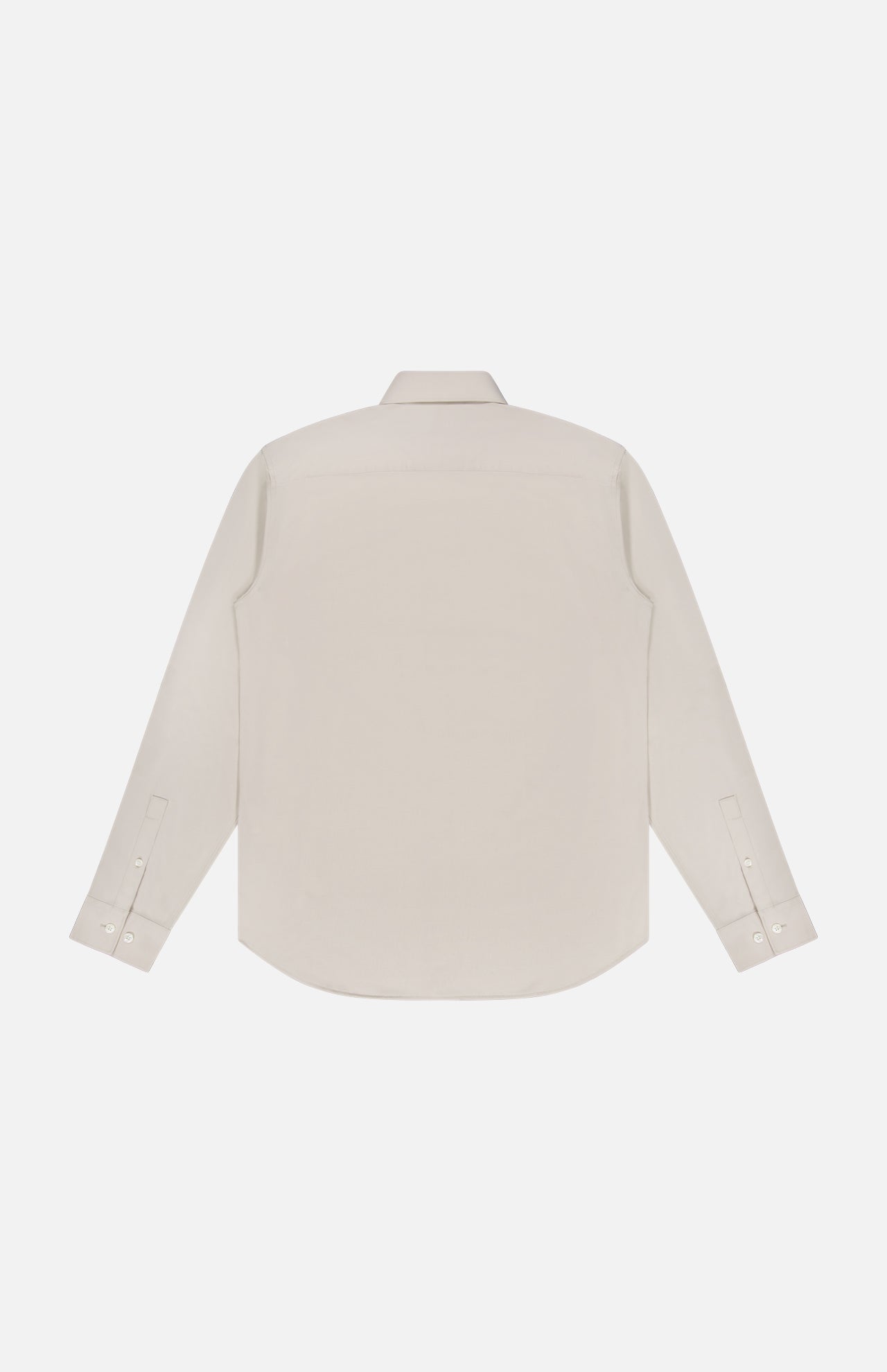 The Sylvain Structure Dress Shirt by THEORY is displayed from the back against a white background. This beige dress shirt features long sleeves, a classic collar, and buttoned cuffs, and is crafted from wrinkle-resistant fabric for easy care.