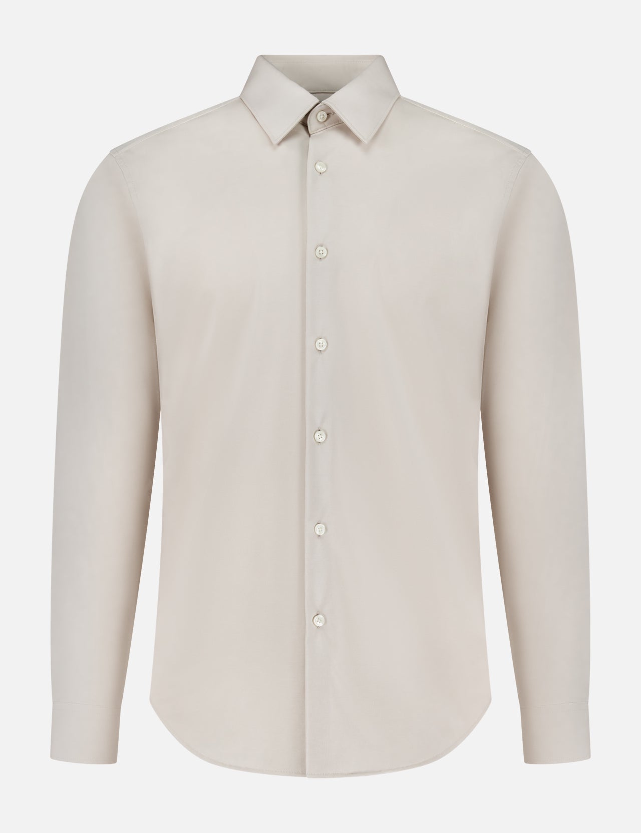 The Sylvain Structure Dress Shirt by THEORY is a light beige, long-sleeve shirt featuring a classic collar and button-down front. Crafted from wrinkle-resistant fabric, this machine-washable dress shirt offers effortless style without visible pockets and is presented on a plain white background.