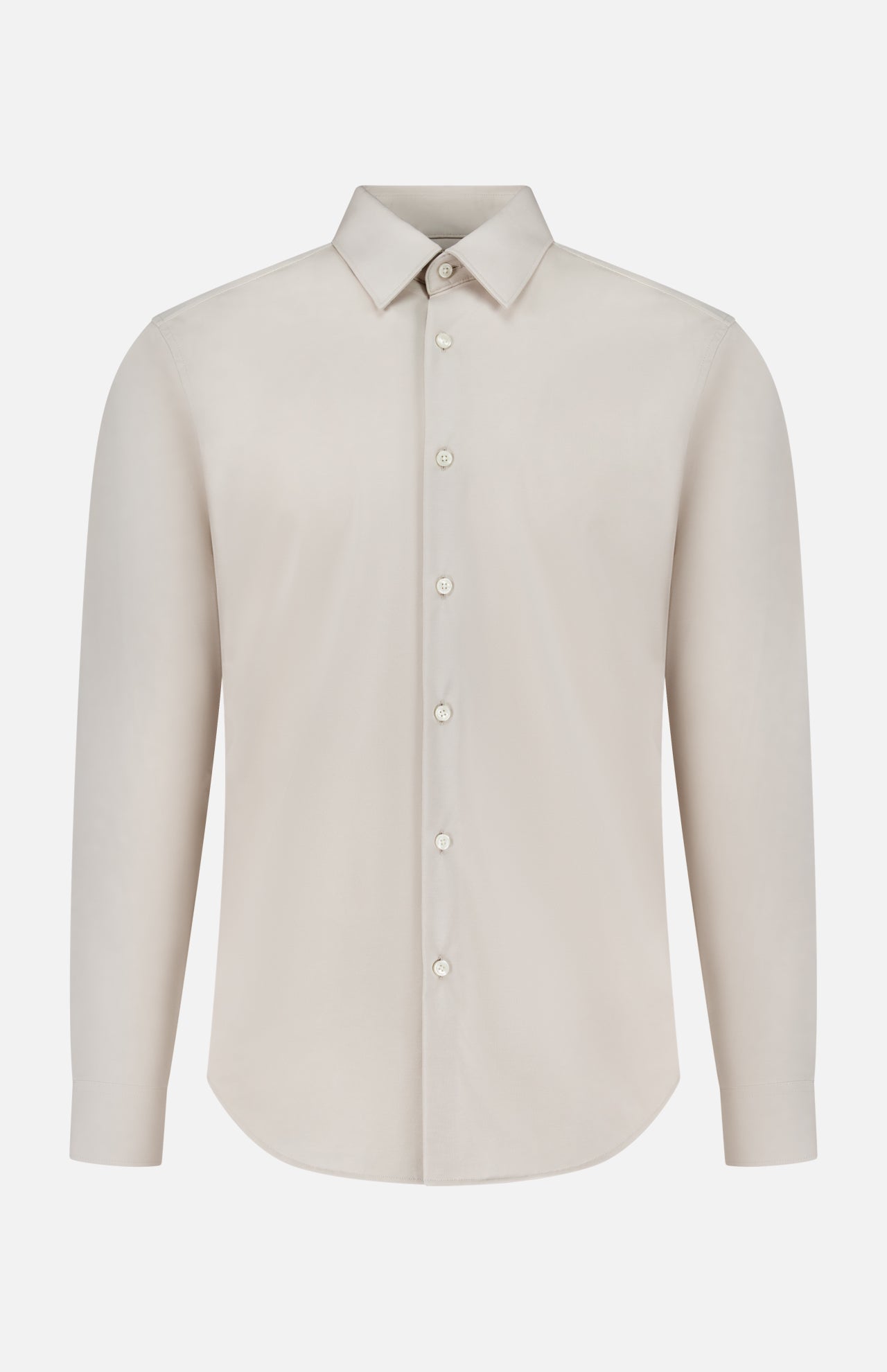 The Sylvain Structure Dress Shirt by THEORY is a light beige, long-sleeve shirt featuring a classic collar and button-down front. Crafted from wrinkle-resistant fabric, this machine-washable dress shirt offers effortless style without visible pockets and is presented on a plain white background.