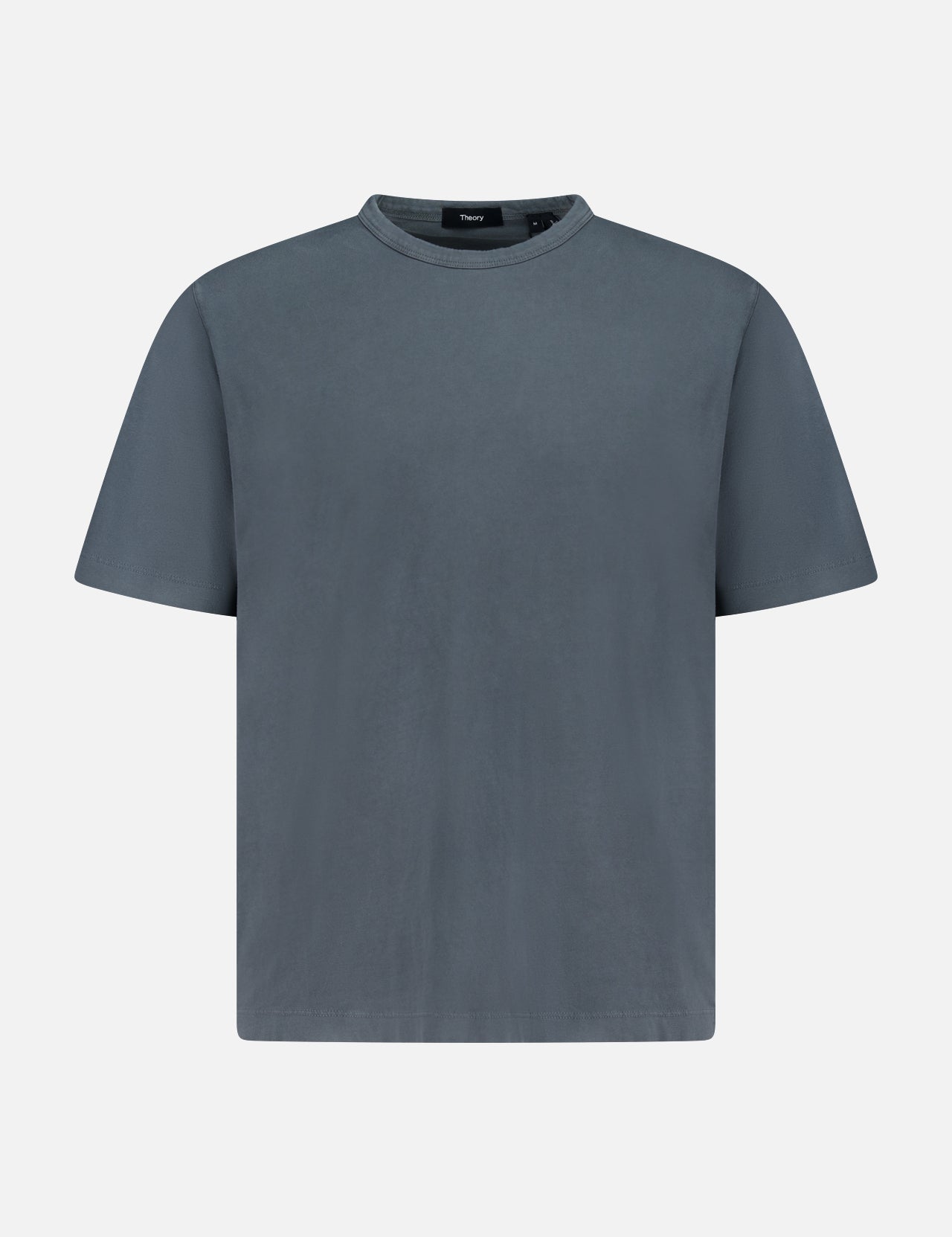 The THEORY Tinted Crewneck T-shirt is a solid slate gray, short-sleeve tee made from garment-dyed cotton, shown on a white background.