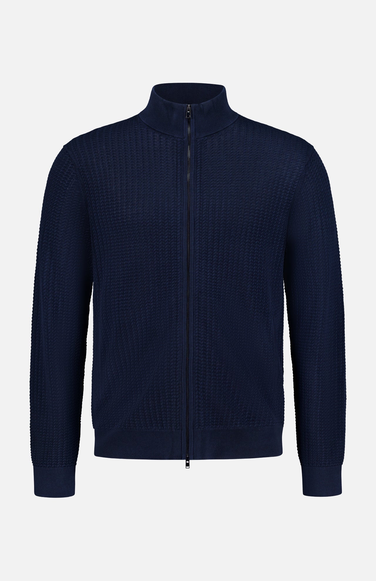 The THEORY Walton Full Zip Sweater is a navy blue, long-sleeve sweater featuring a textured knit pattern, ribbed cuffs and hem, and a mock collar. It is displayed against a plain white background.