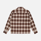 The THEORY Wool Plaid Button Down Shirt is a men's long-sleeve top in brown, cream, and white plaid, shown flat with the back facing up on a white background.