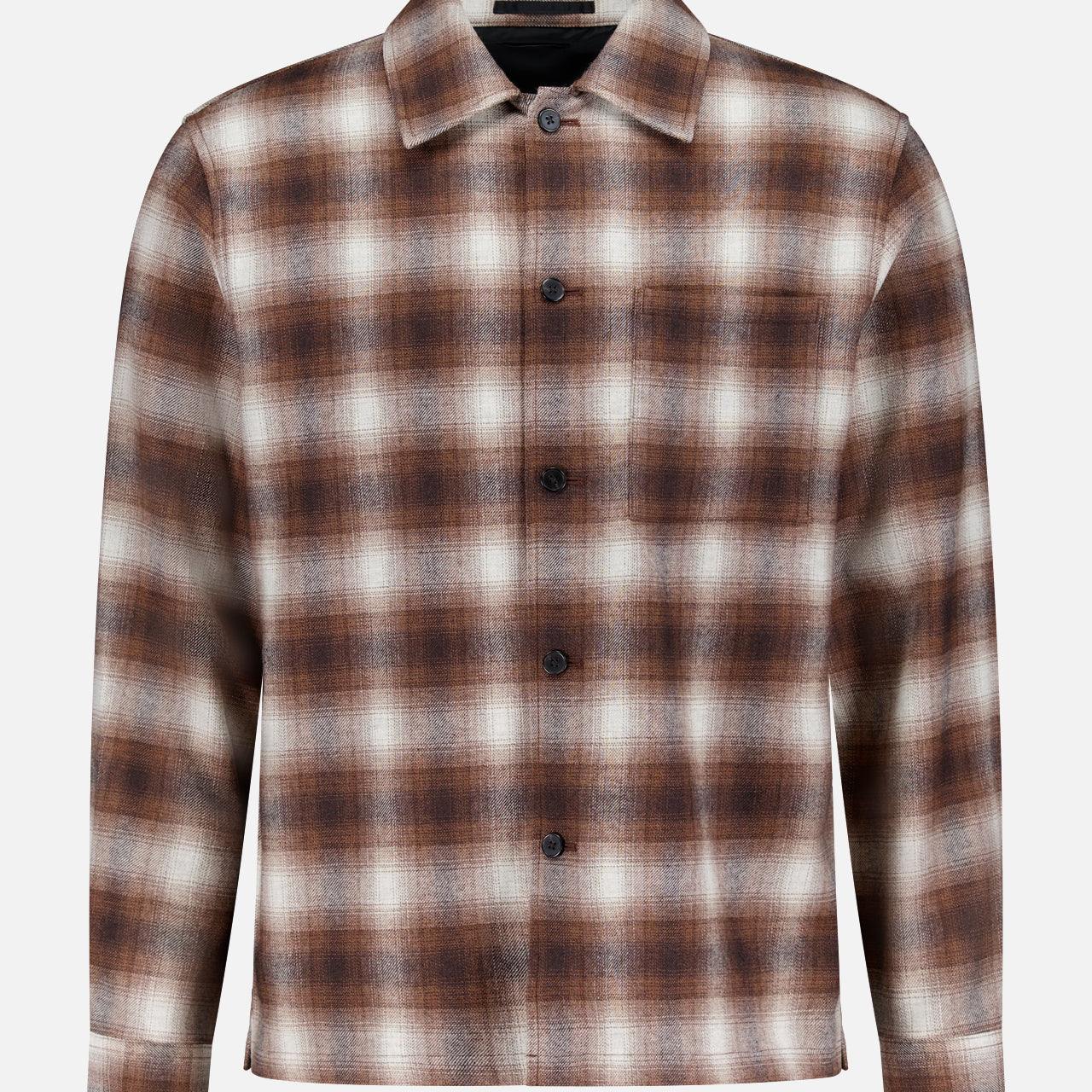 The THEORY Wool Plaid Button Down Shirt features long sleeves, a collar, and front buttons in brown, white, and gray plaid—ideal as a rustic men’s shirt for any occasion and displayed on a plain white background.