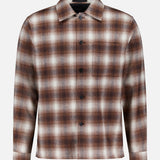 The THEORY Wool Plaid Button Down Shirt features long sleeves, a collar, and front buttons in brown, white, and gray plaid—ideal as a rustic men’s shirt for any occasion and displayed on a plain white background.