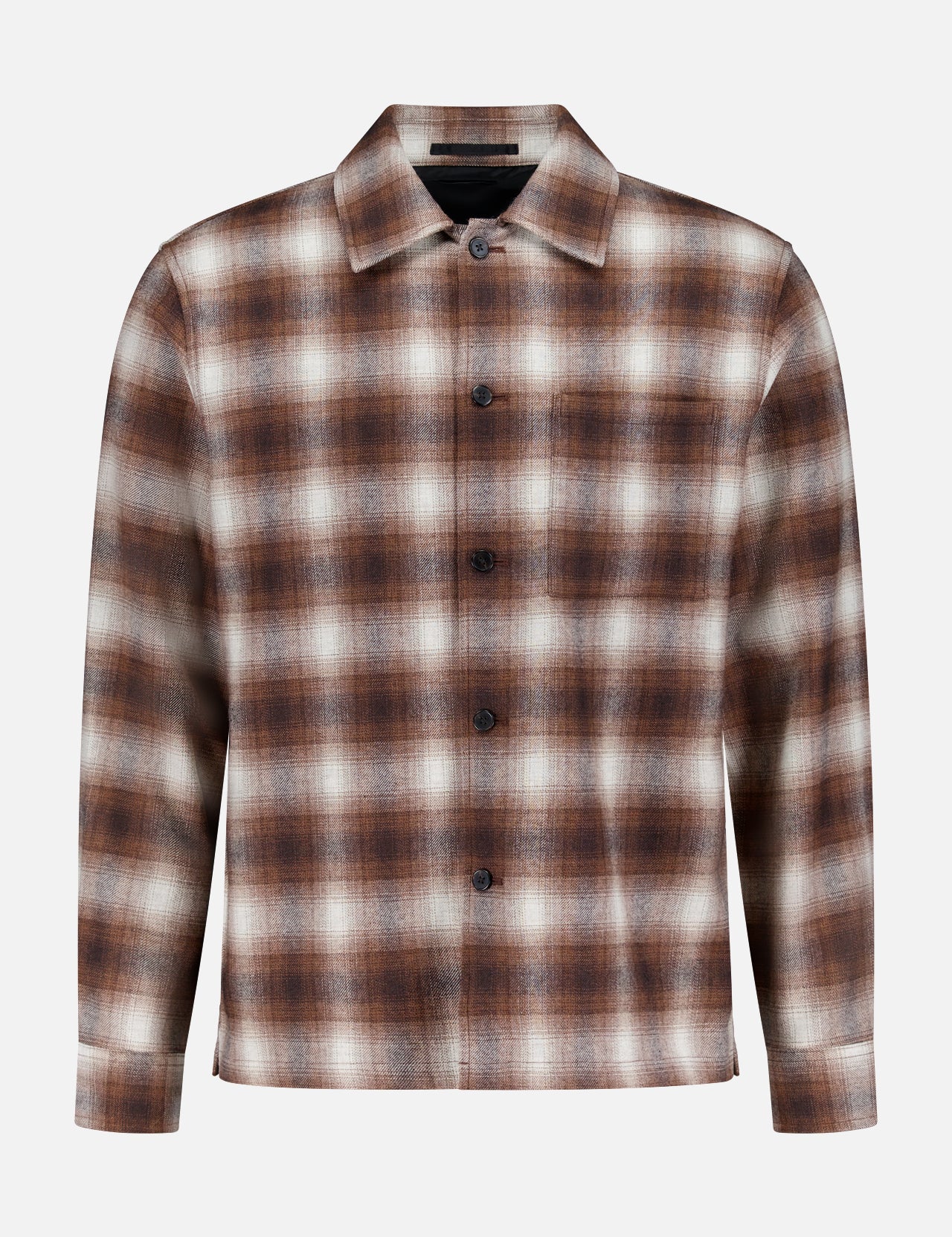 The THEORY Wool Plaid Button Down Shirt features long sleeves, a collar, and front buttons in brown, white, and gray plaid—ideal as a rustic men’s shirt for any occasion and displayed on a plain white background.