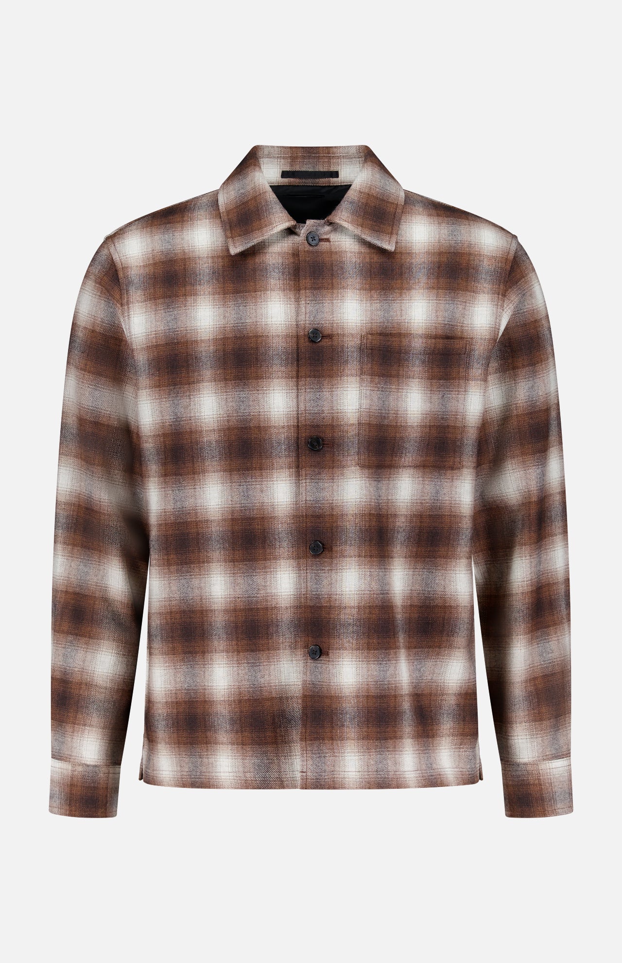 The THEORY Wool Plaid Button Down Shirt features long sleeves, a collar, and front buttons in brown, white, and gray plaid—ideal as a rustic men’s shirt for any occasion and displayed on a plain white background.
