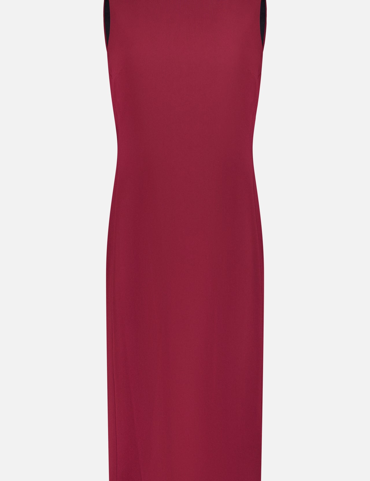 THEORY's Mermaid Admiral Crepe Dress is a sleeveless, knee-length sheath in solid burgundy Japanese crepe, featuring a high neckline and minimalist design—ideal for office elegance with its clean, classic lines.