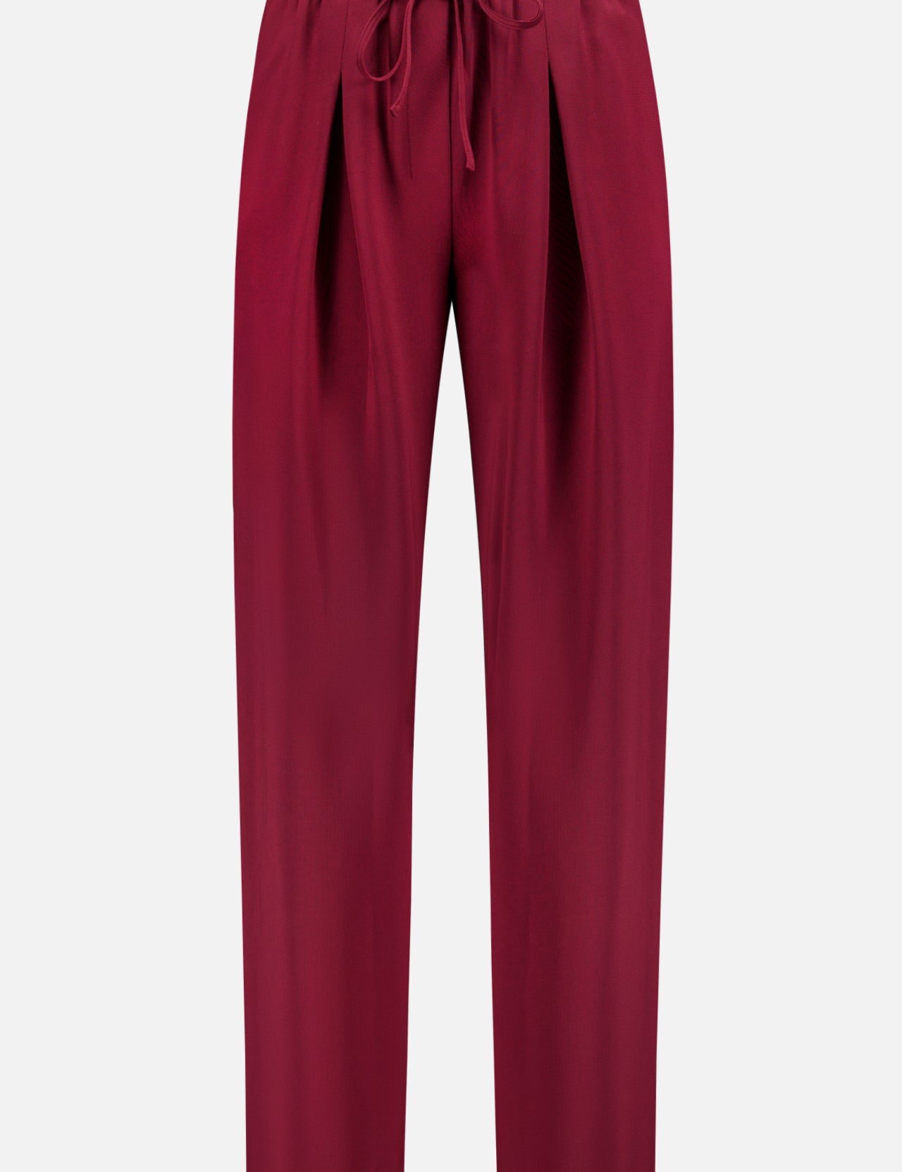 THEORY Pleated Casual Drawstring Pant in maroon features a straight-leg, full-length relaxed fit, front pleats, and a drawstring waistband for all-day comfort.