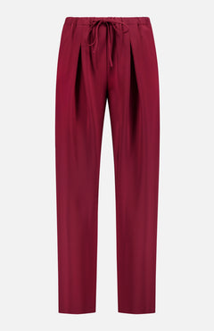 THEORY Pleated Casual Drawstring Pant in maroon features a straight-leg, full-length relaxed fit, front pleats, and a drawstring waistband for all-day comfort.