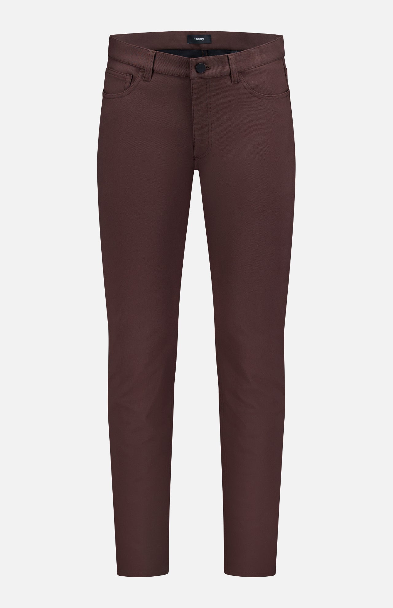 THEORY Raffi Stretch Twill Pants in dark brown offer a slim fit, 4-way stretch fabric, front and back pockets, button closure, and belt loops, shown on a plain white background.