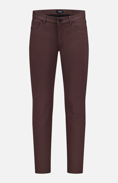 THEORY Raffi Stretch Twill Pants in dark brown offer a slim fit, 4-way stretch fabric, front and back pockets, button closure, and belt loops, shown on a plain white background.