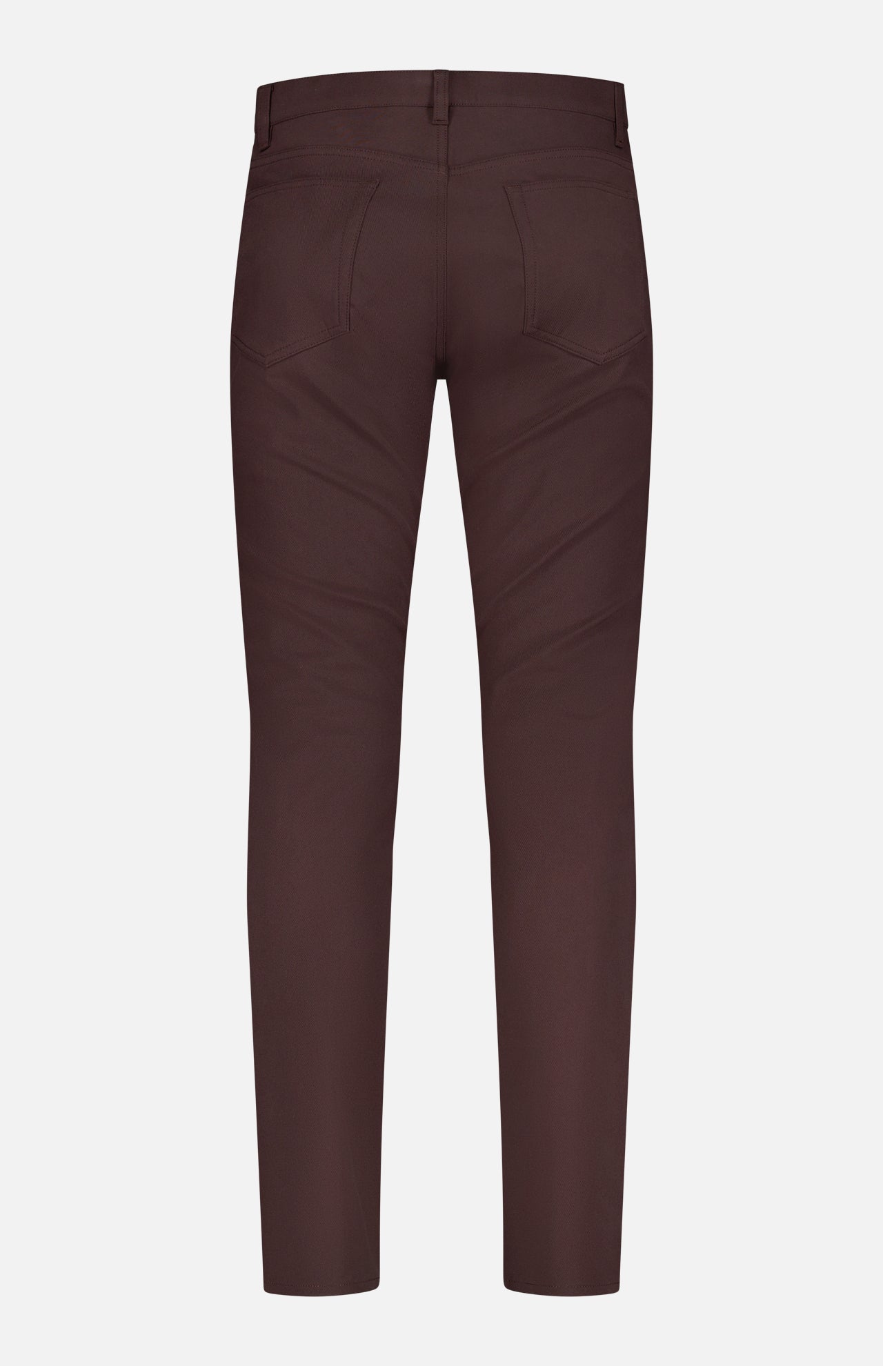 Back view of THEORY Raffi Stretch Twill Pants in slim fit dark brown, featuring two back pockets, belt loops, and 4-way stretch fabric, displayed against a plain white background.