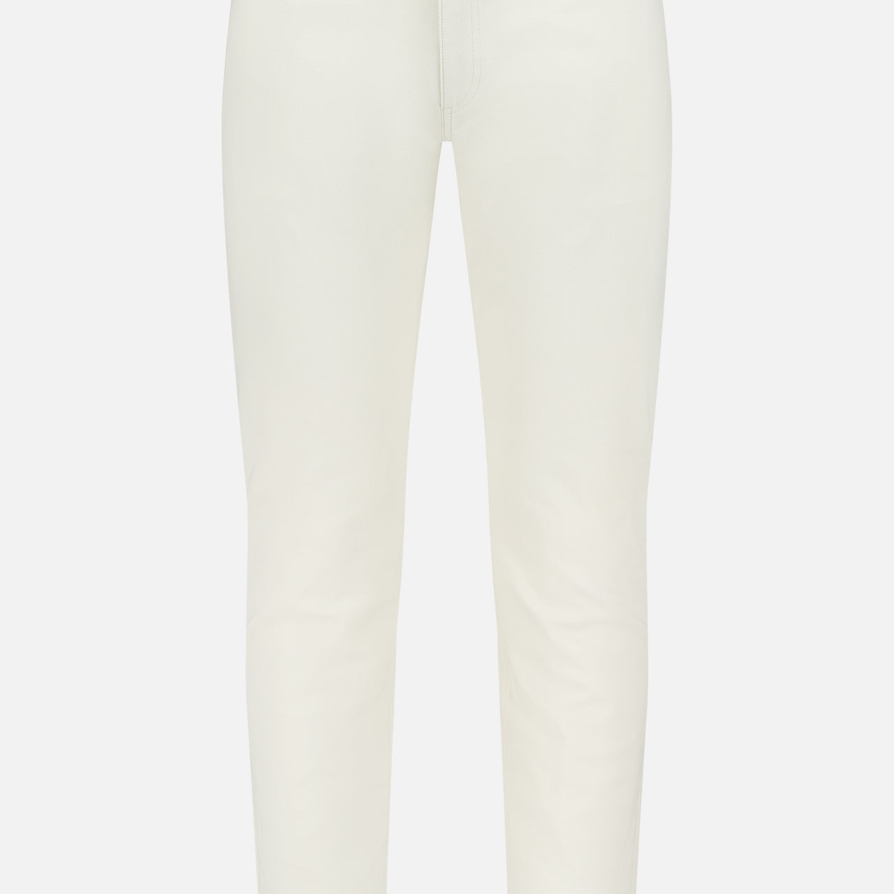 THEORY Raffi Stretch Twill Pants: slim-fit, high-waisted white jeans with 4-way stretch and front/back pockets, shown from the front on a plain white background.