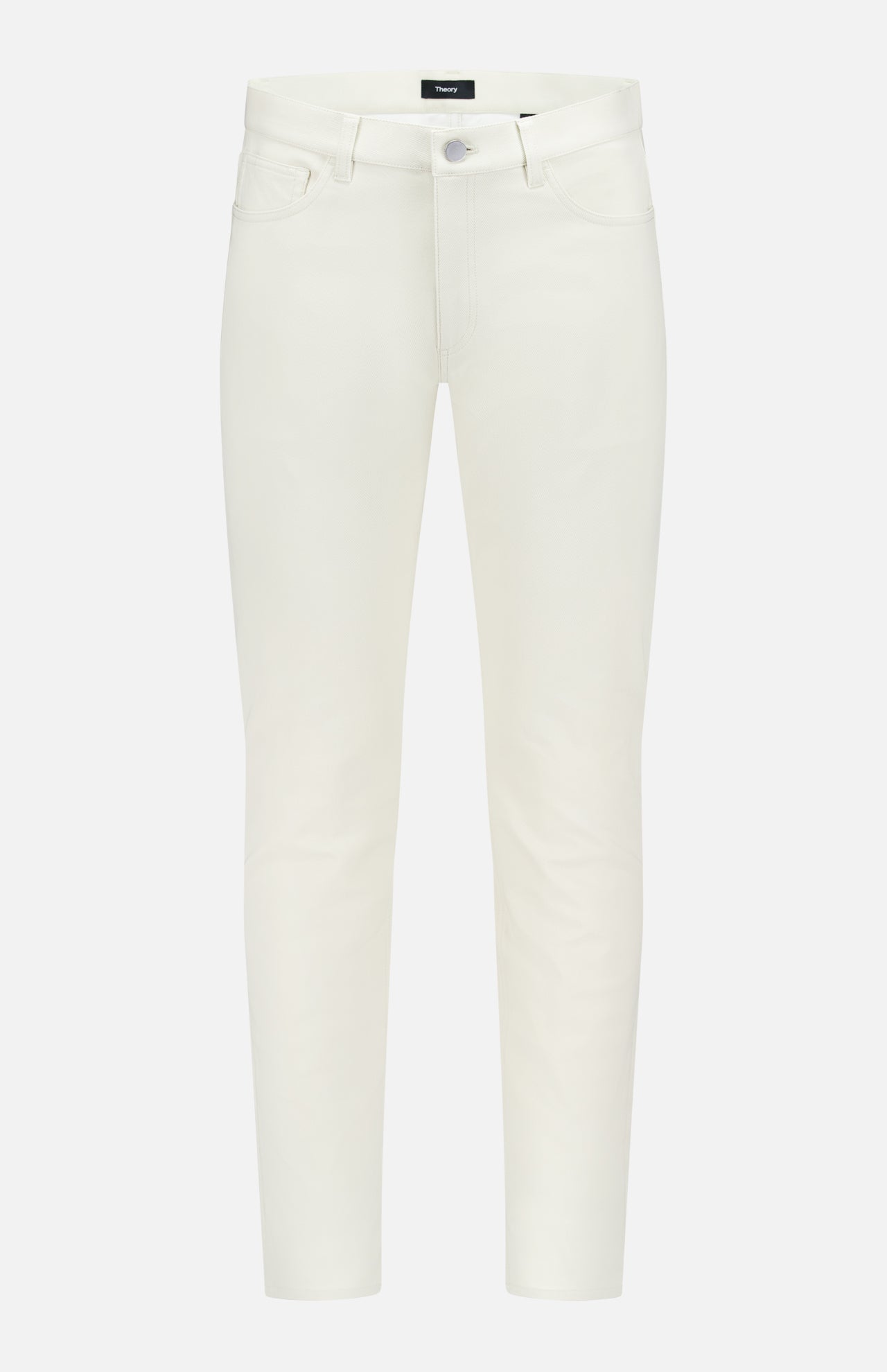 THEORY Raffi Stretch Twill Pants: slim-fit, high-waisted white jeans with 4-way stretch and front/back pockets, shown from the front on a plain white background.