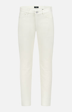 THEORY Raffi Stretch Twill Pants: slim-fit, high-waisted white jeans with 4-way stretch and front/back pockets, shown from the front on a plain white background.