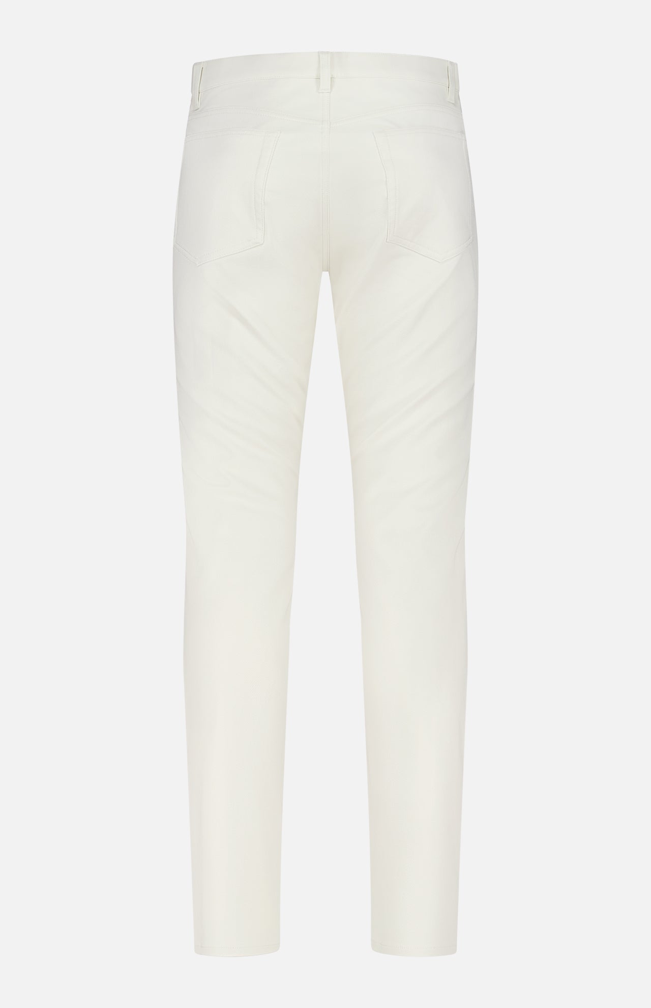 Back view of THEORY Raffi Stretch Twill Pants in an oat milk shade, slim fit with visible back pockets and belt loops, made from comfy 4-way stretch fabric, shown against a plain white background.