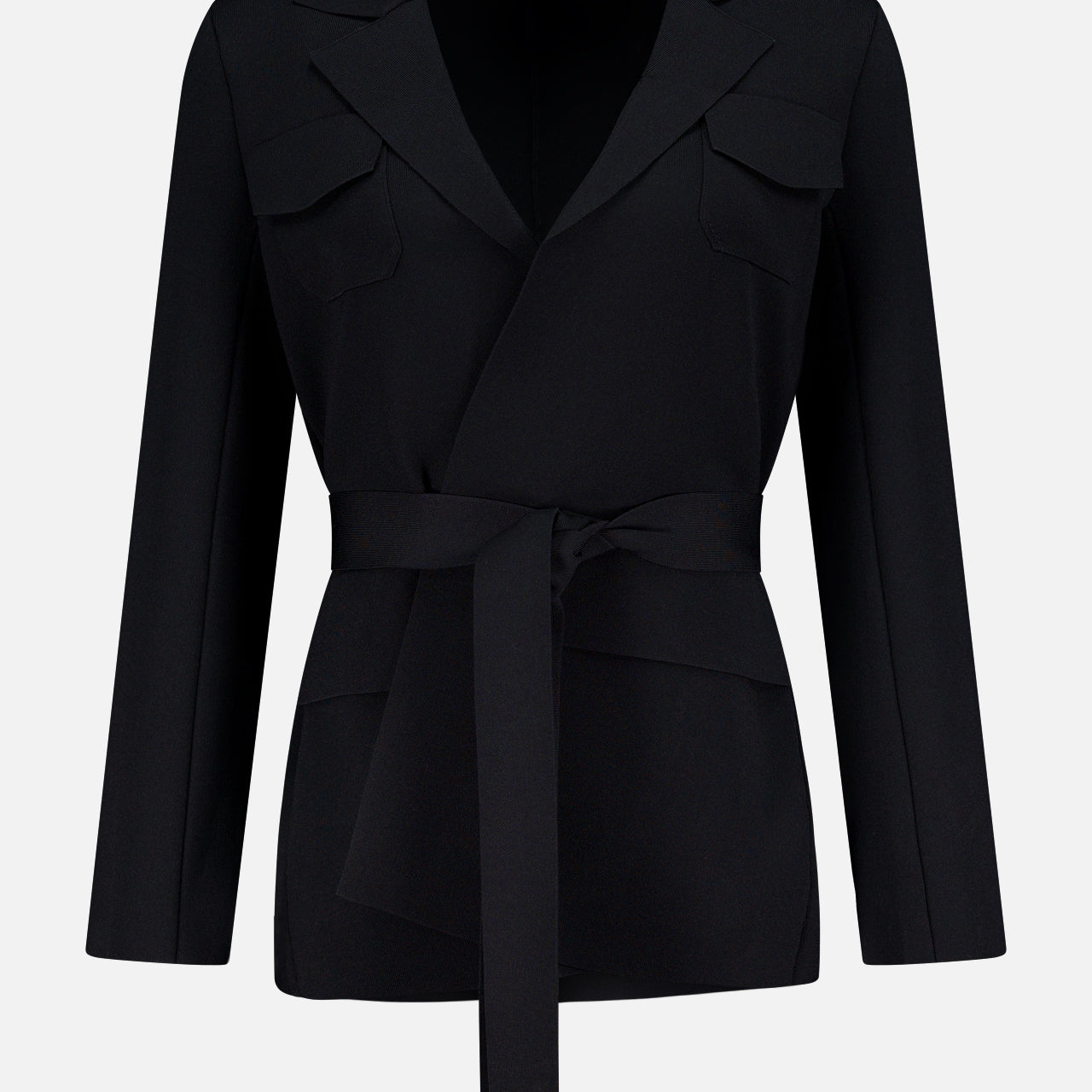The THEORY Relaxed Belted Blazer for women features a black, relaxed fit, self-tie waist belt, notched collar, and two front chest pockets—ideal for polished office style. Shown on a plain white background.