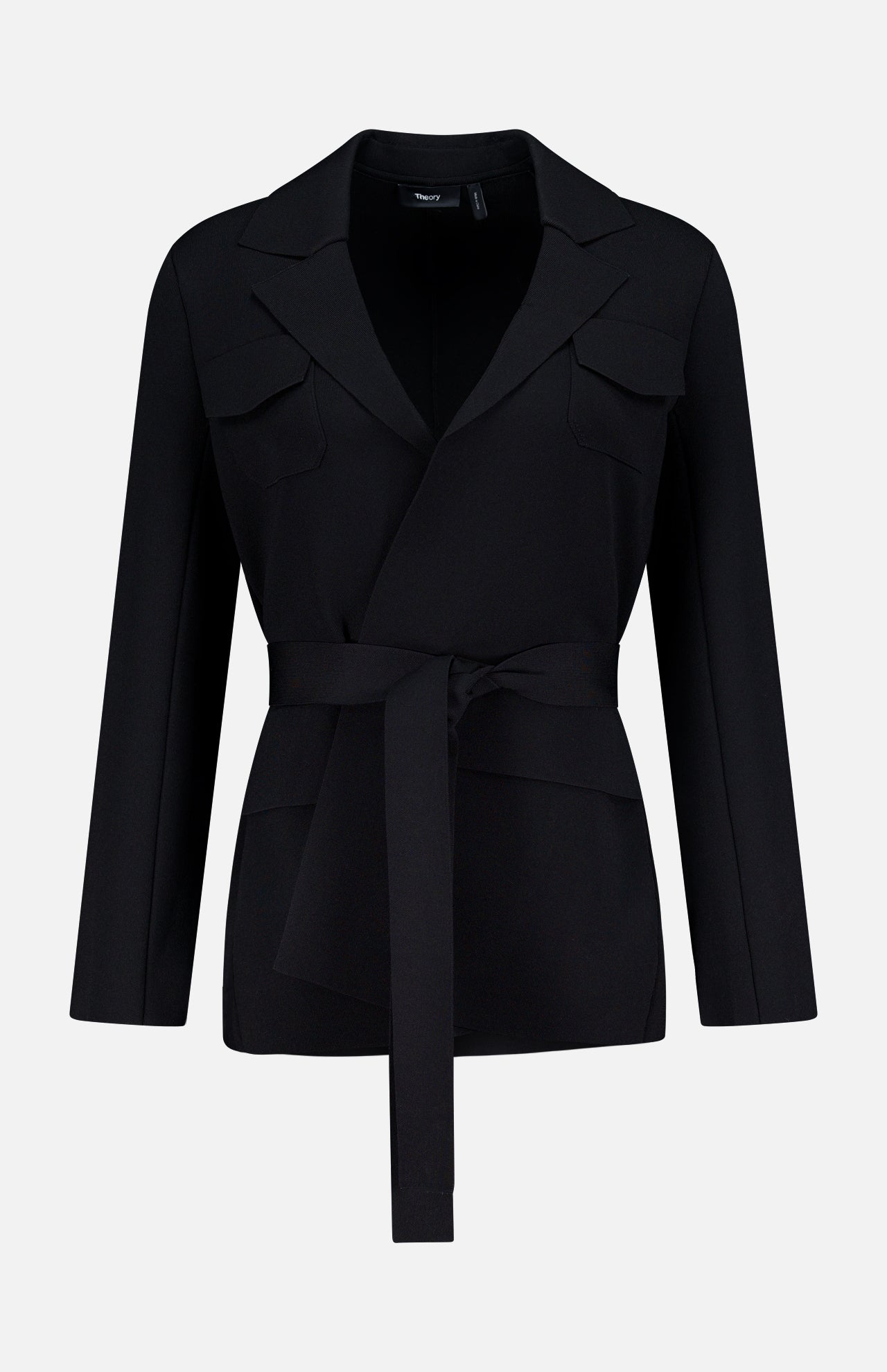 The THEORY Relaxed Belted Blazer for women features a black, relaxed fit, self-tie waist belt, notched collar, and two front chest pockets—ideal for polished office style. Shown on a plain white background.