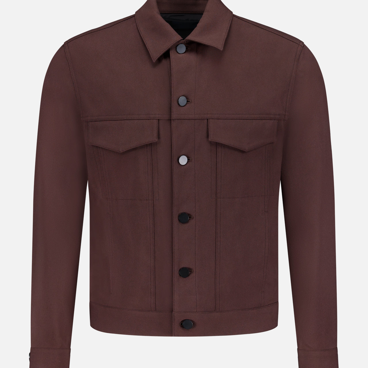 The THEORY River Twill Trucker Jacket in brown features a collar, two flap chest pockets, long sleeves, and is crafted from breathable performance fabric, shown against a white background.