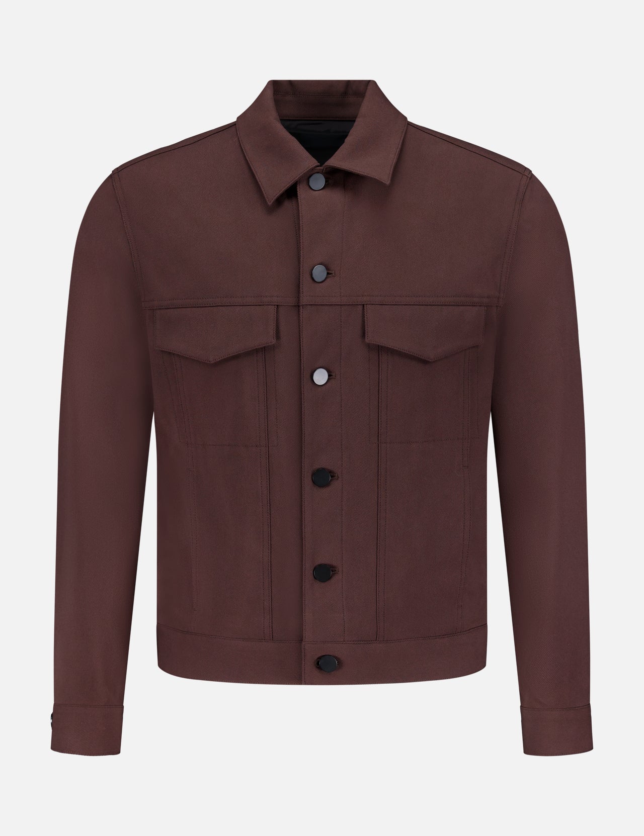 The THEORY River Twill Trucker Jacket in brown features a collar, two flap chest pockets, long sleeves, and is crafted from breathable performance fabric, shown against a white background.