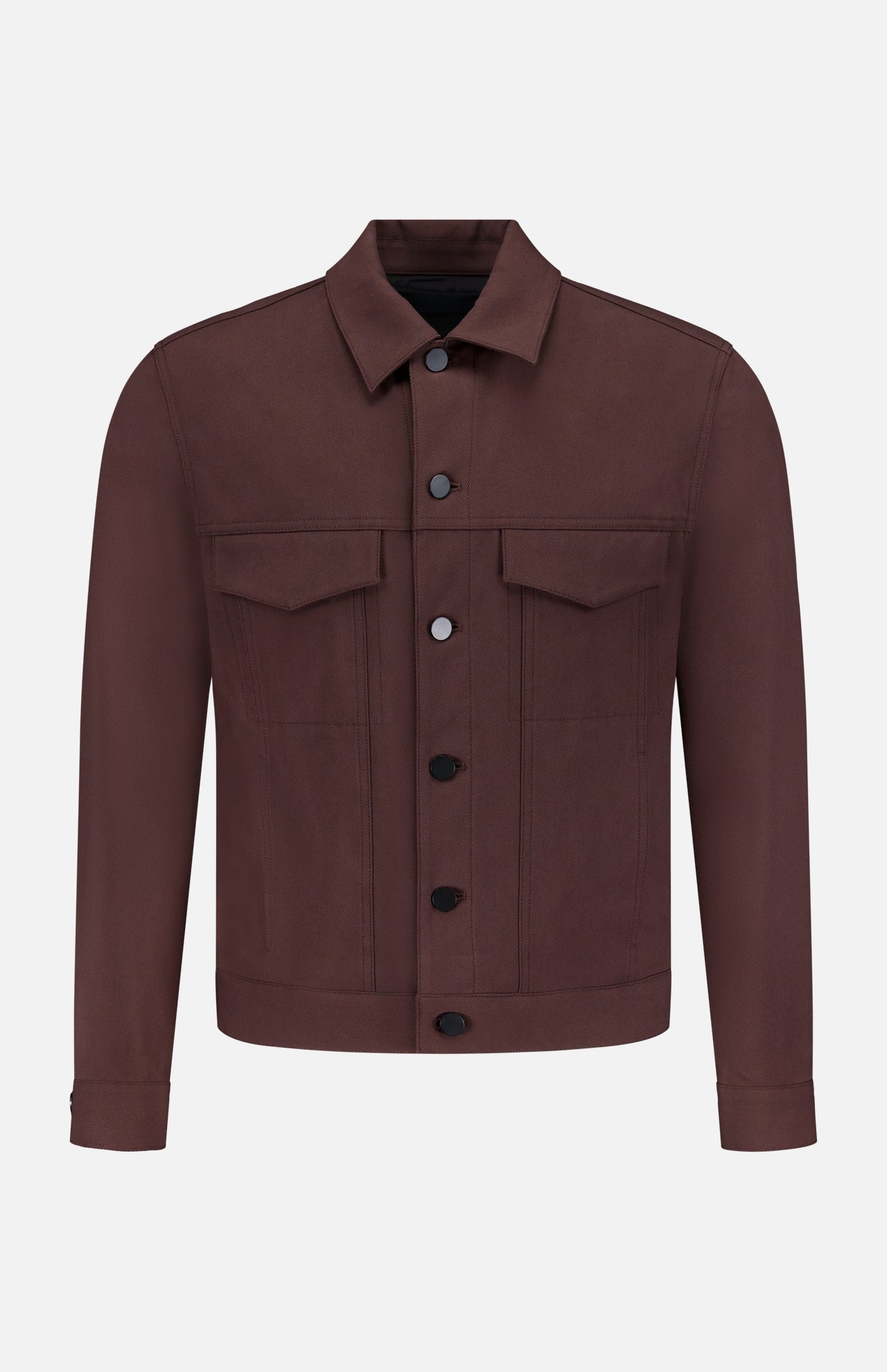 The THEORY River Twill Trucker Jacket in brown features a collar, two flap chest pockets, long sleeves, and is crafted from breathable performance fabric, shown against a white background.