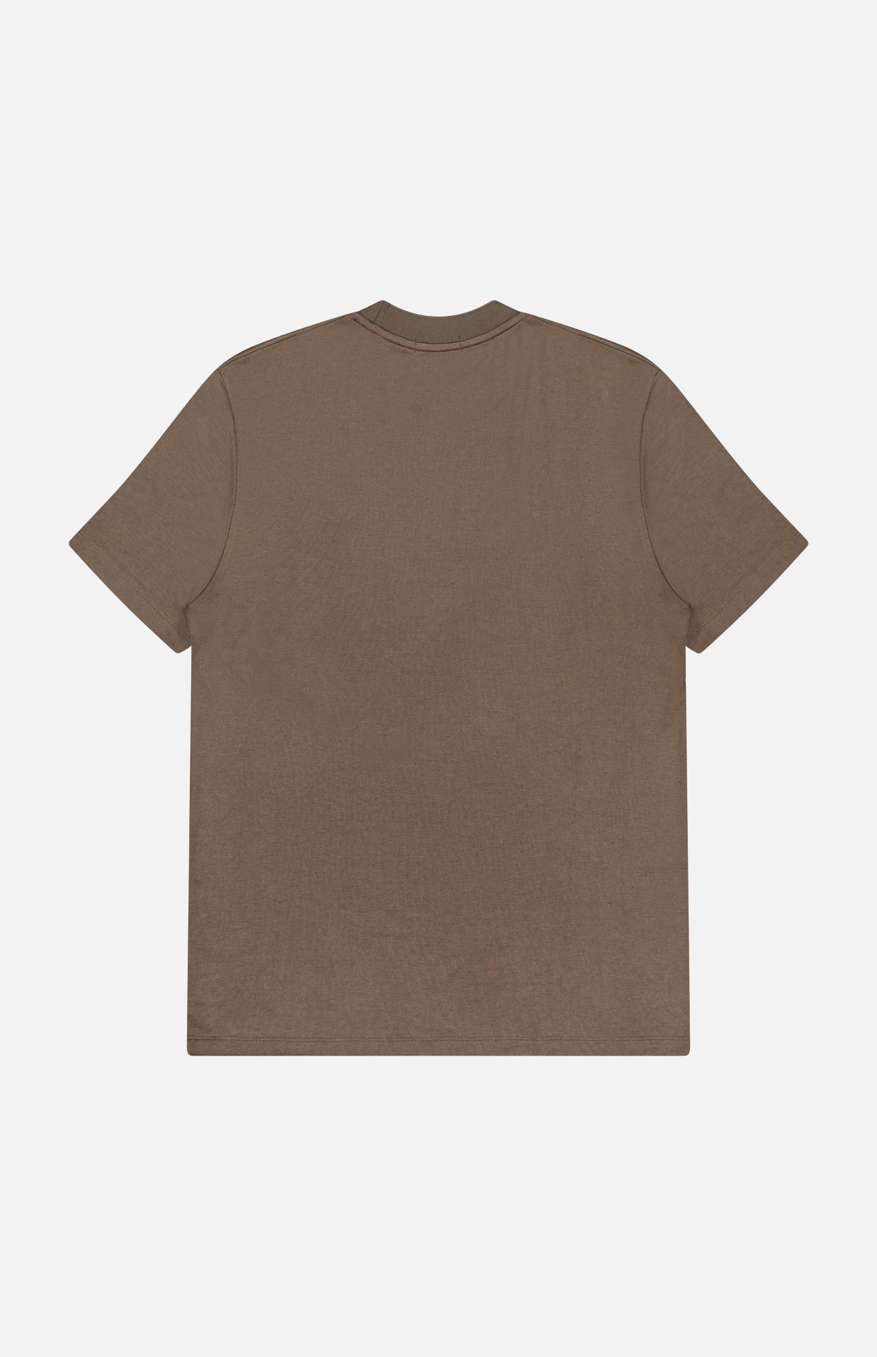 The THEORY Sarior Stretch T-shirt in dark brown, classic fit, short-sleeve crew neck is shown laid flat from the back on a white background, crafted from lightweight stretch jersey.