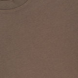 Close-up of a dark brown THEORY Sarior Stretch T-shirt in fine, lightweight stretch jersey. This classic fit features a ribbed collar and displays part of the black THEORY label at the neckline.