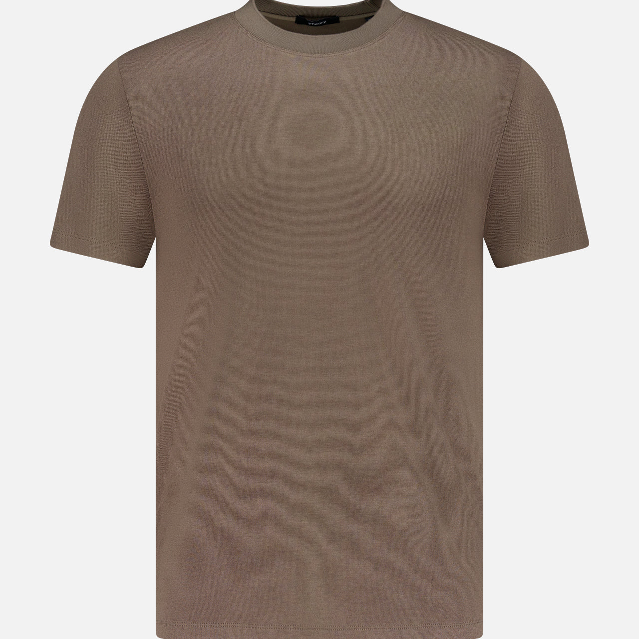 The THEORY Sarior Stretch T-shirt, in classic fit and dark brown lightweight stretch jersey, is shown against a white background.