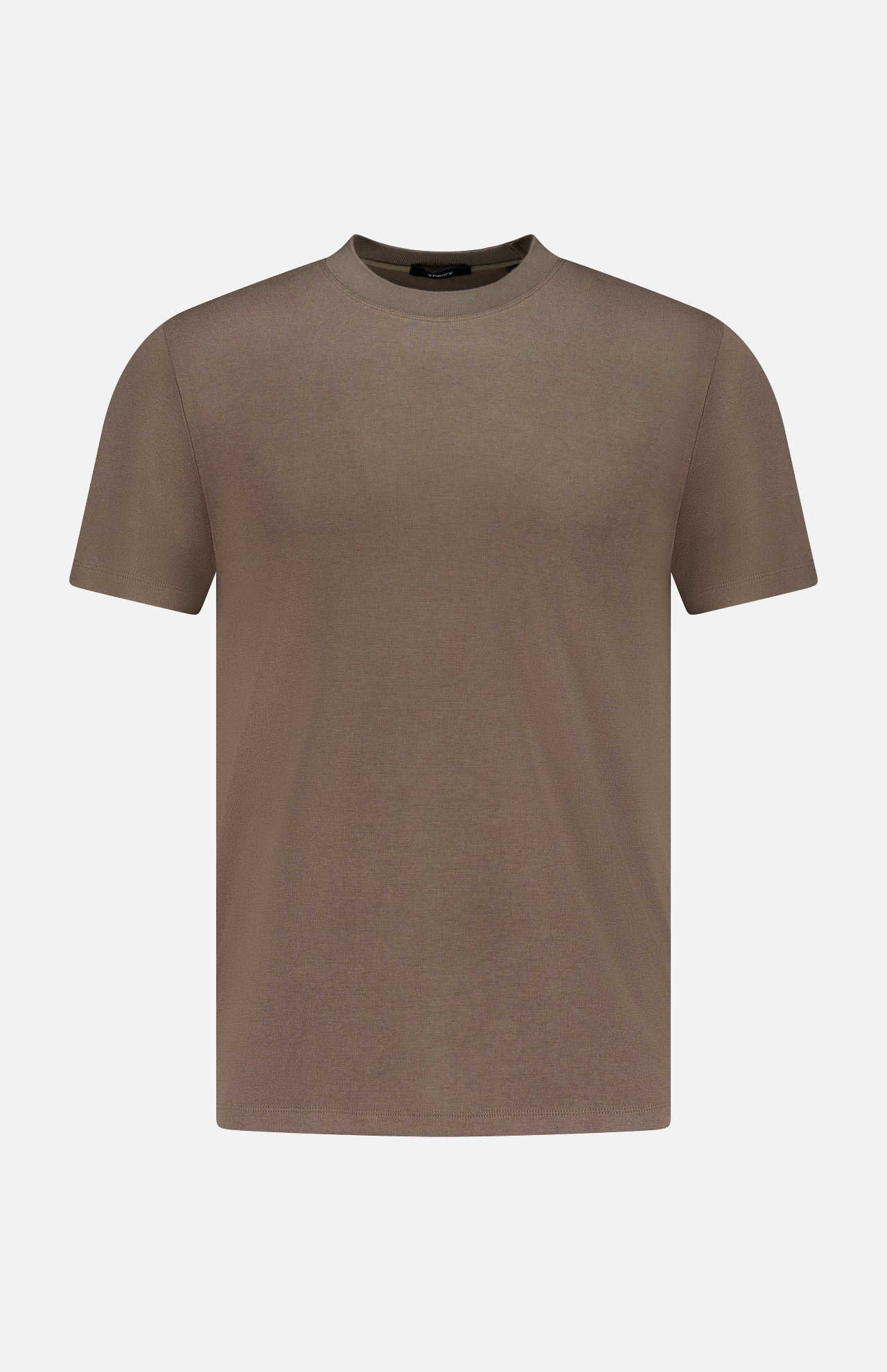 The THEORY Sarior Stretch T-shirt, in classic fit and dark brown lightweight stretch jersey, is shown against a white background.