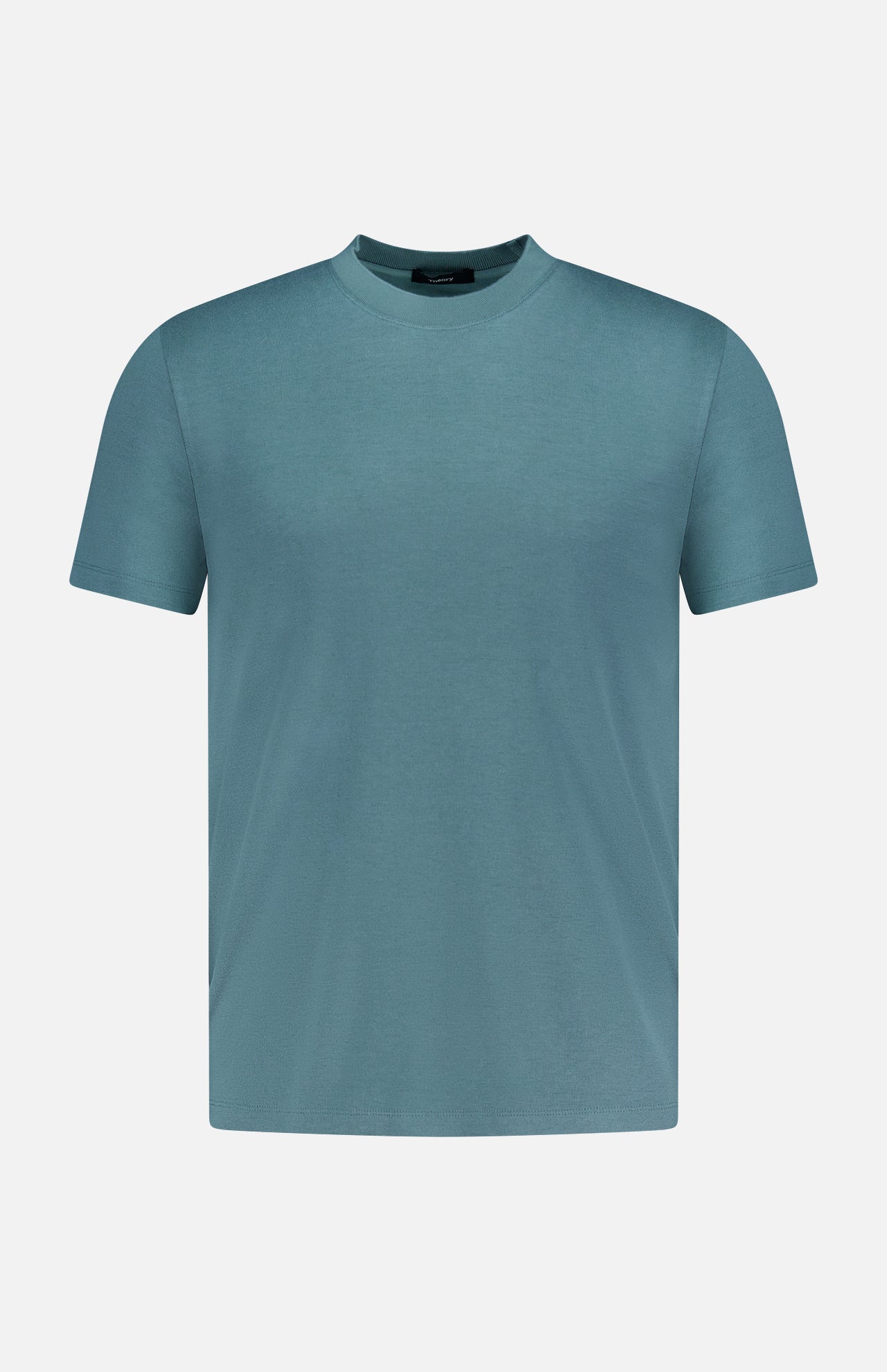 The THEORY Sarior Stretch T-shirt in muted teal features a classic fit, crew neck, and short sleeves. Made from stretch jersey, it's shown against a white background.