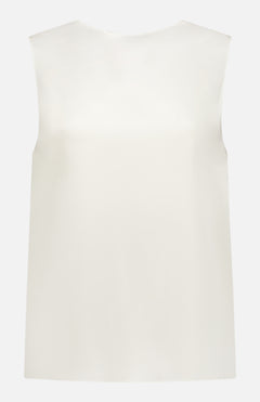 The THEORY Shell Top is a sleeveless, plain white silk shell shown from the back. Made of lightweight, smooth, and slightly shiny silk, it features a clean design with no visible seams, patterns, or fastenings.