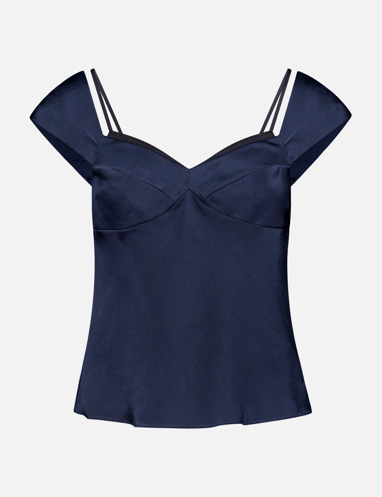 THEORY’s Short Sleeve Peek Cami Top in navy satin features a slim fit, sweetheart neckline, off-shoulder cap sleeves, and double thin shoulder straps. Shown on a plain white background—ideal for elevating your workwear wardrobe.