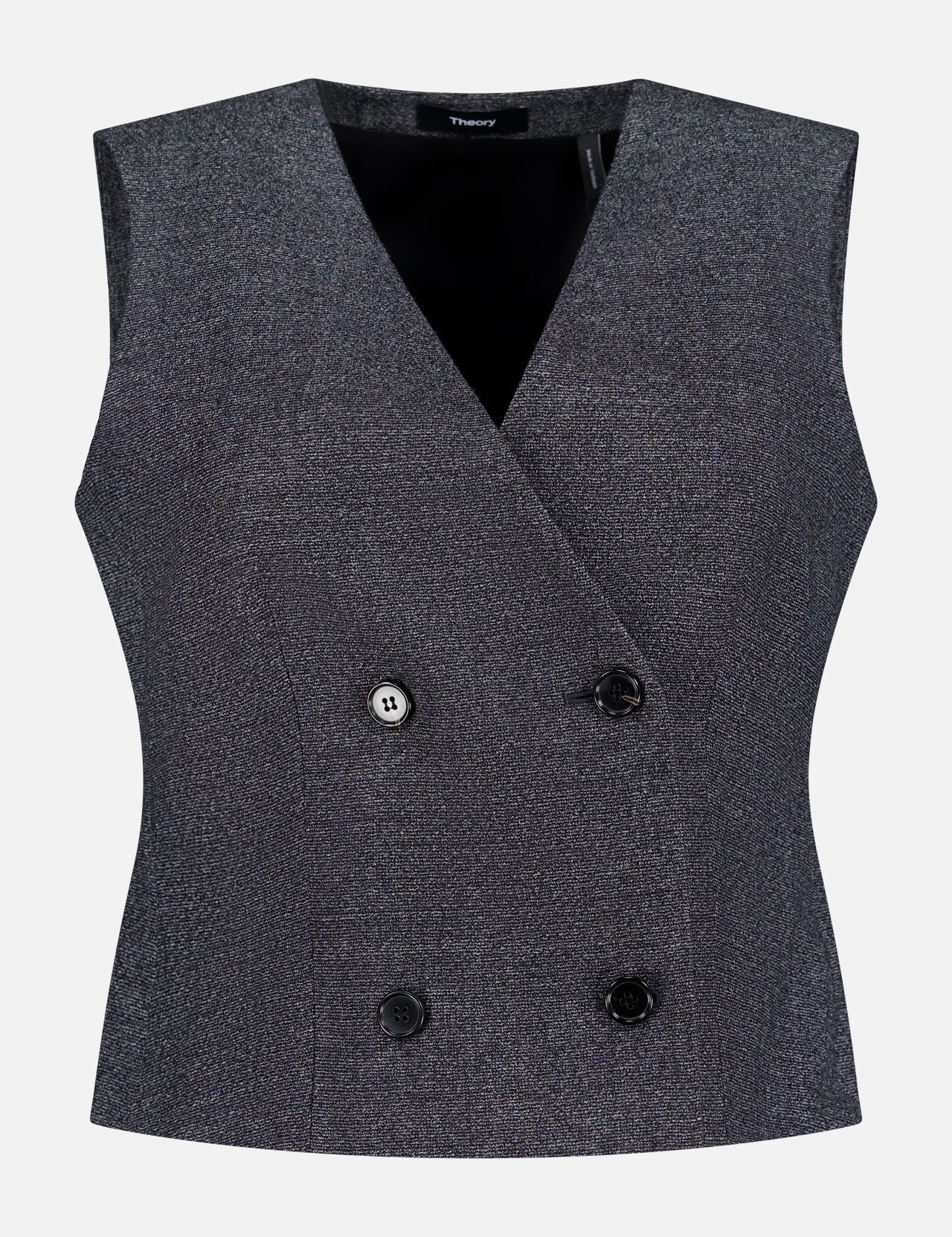 The THEORY Shrunken Double Breasted Vest is a sleeveless, dark gray Italian wool flannel waistcoat with a deep V-neck and four black buttons, shown against a plain white background.