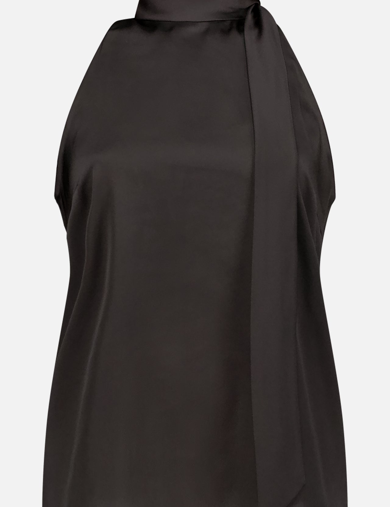 The THEORY Side Tie Halter Blouse is a sleeveless black top made from recycled polyester, featuring a high neckline and an elegant asymmetrical side tie detail.